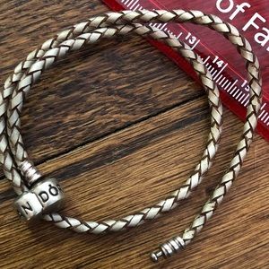 Beige tan Pandora bracelet used leather braided